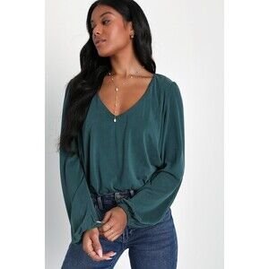 Lulus Chic On Repeat Emerald Green V-neck Long Sleeve Bodysuit - Size S
